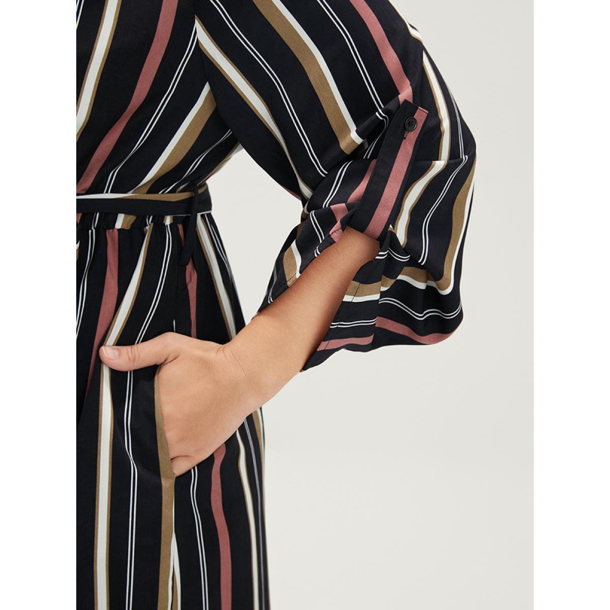 Plus Size Striped Lapel Collar Cuffed Sleeve Pocket Belted Arc Hem Dress DarkBlue Women Office Belted Lapel Collar Long Sleeve Curvy Midi Dress BloomChic 14-16/1X Product Image
