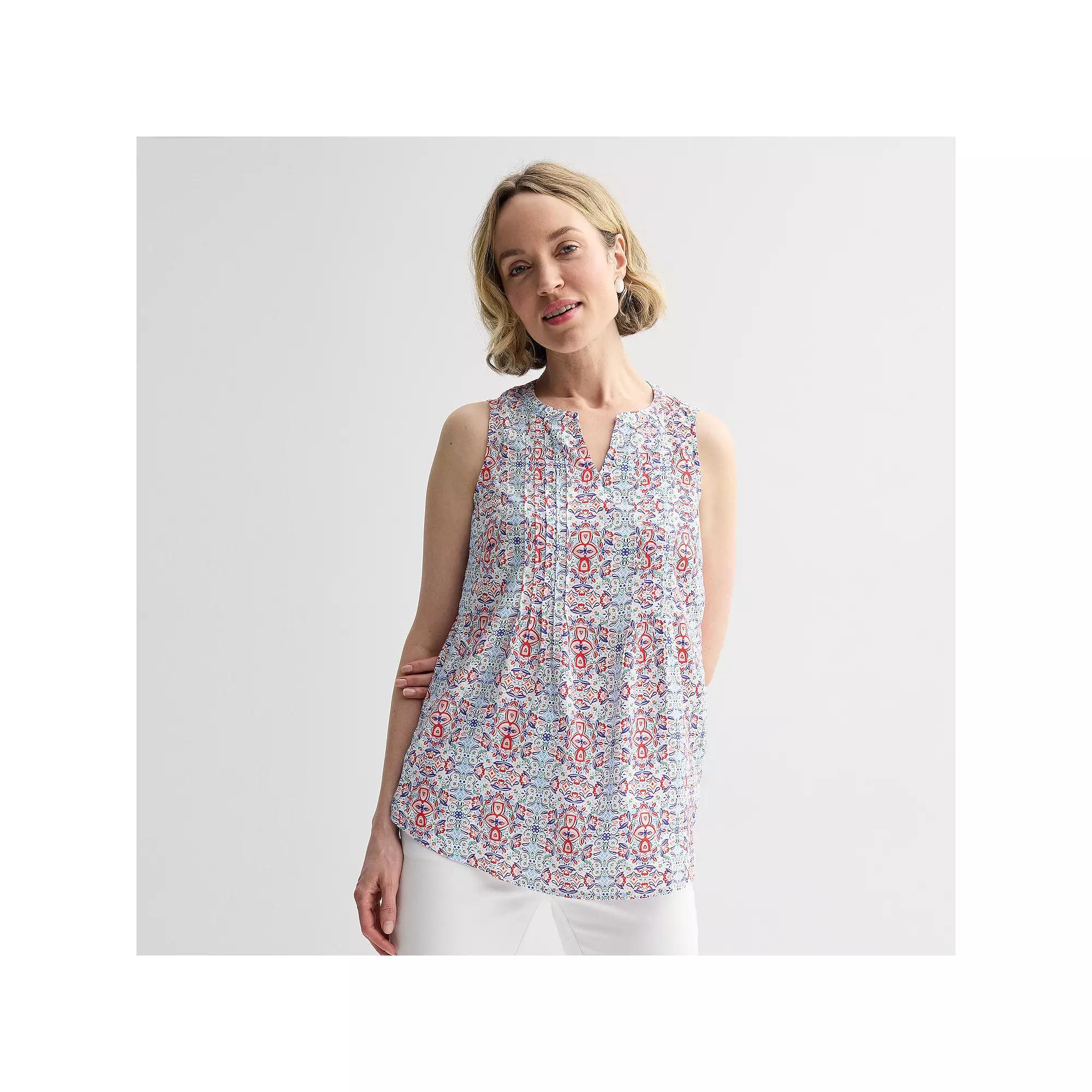 Women's Croft & Barrow® Pintuck Sleeveless Shell Top, Size: Medium, Orange Ornate Tile Product Image