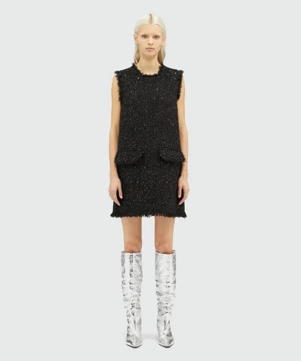 MSGM Frayed-edge Tweed Mini Dress In Schwarz Product Image