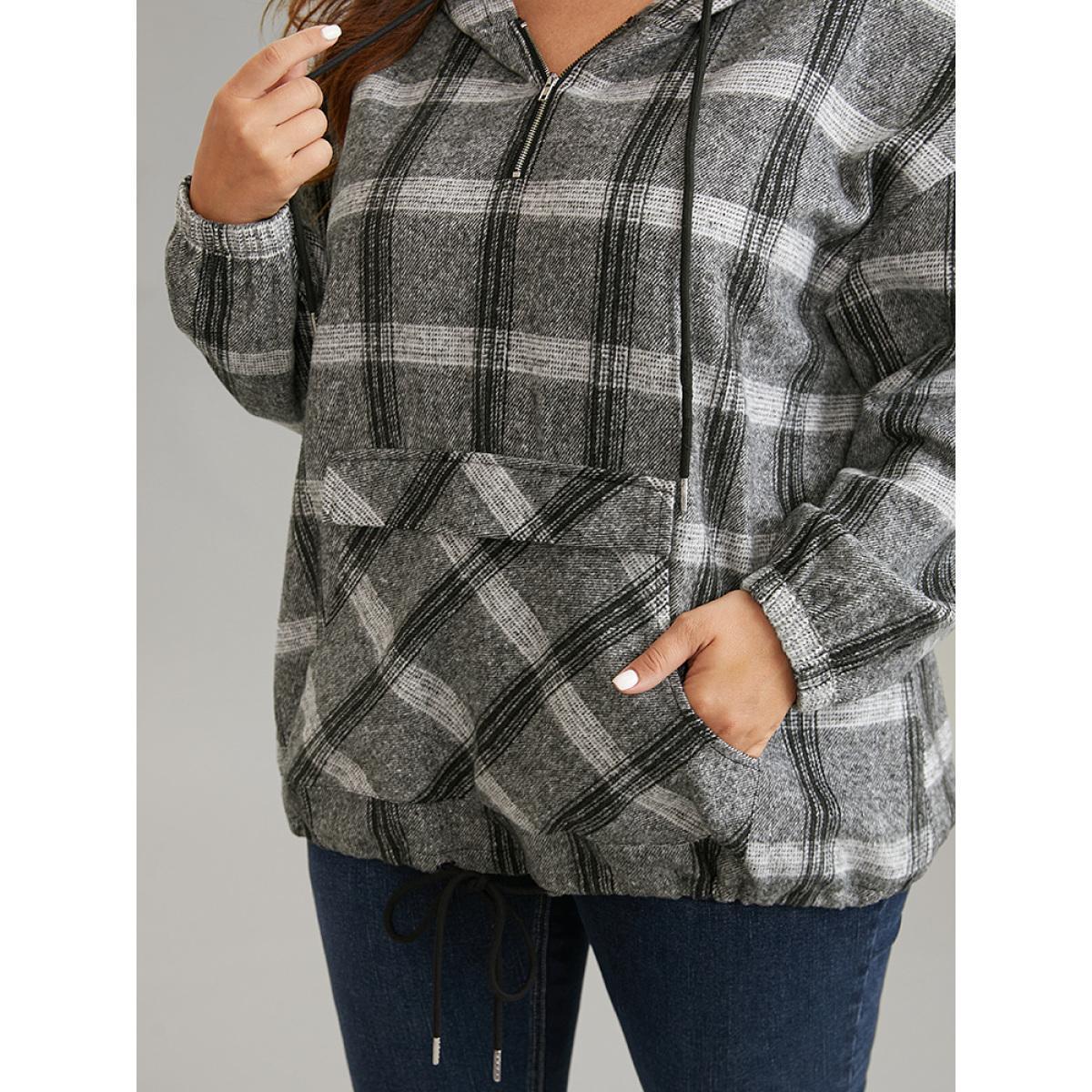Plus Size Plaid Half Zip Pocket Hooded Sweatshirt Women DimGray Casual Elastic cuffs Hooded Everyday Sweatshirts BloomChic 28/5X Product Image