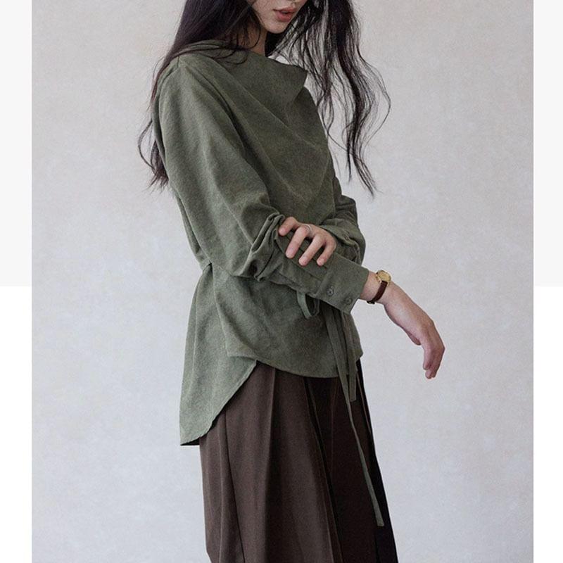 Long Sleeve Cowl Neck Plain Tie-Waist Top Product Image