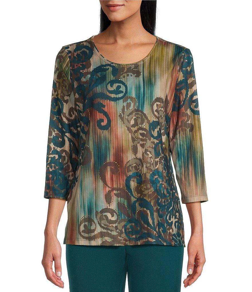 Allison Daley Embellished Spruce Scroll Placement Print 3/4 Sleeve Crew Neck Knit Top Product Image