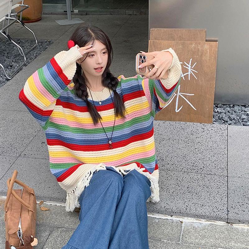 Round Neck Color Block Fringe Sweater Product Image