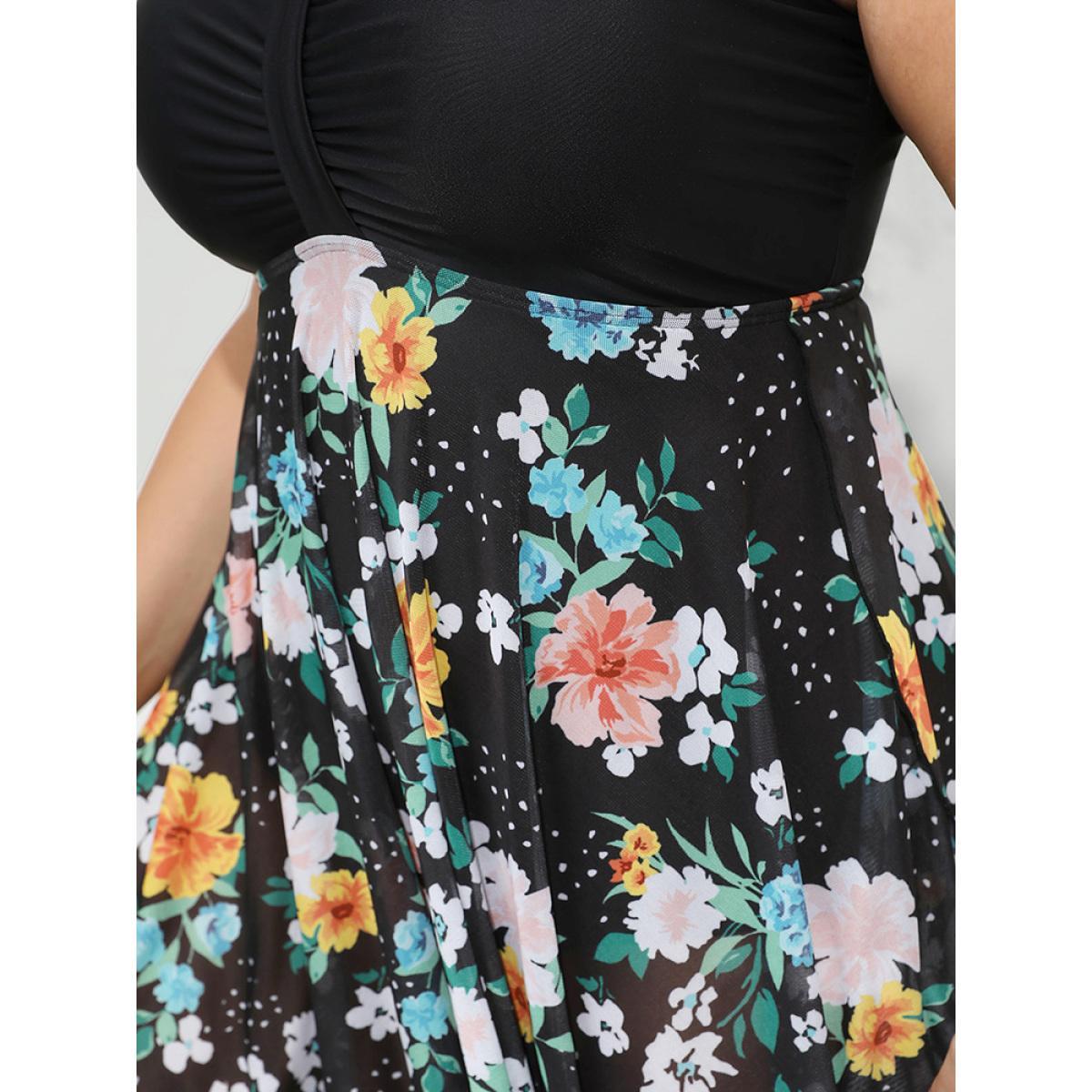Plus Size Floral Patchwork Ruched Front Hanky Hem Swim Dress Women's Swimwear BlackFlower Vacation Bodycon High stretch Curve Swim Dresses BloomChic 12/L Product Image