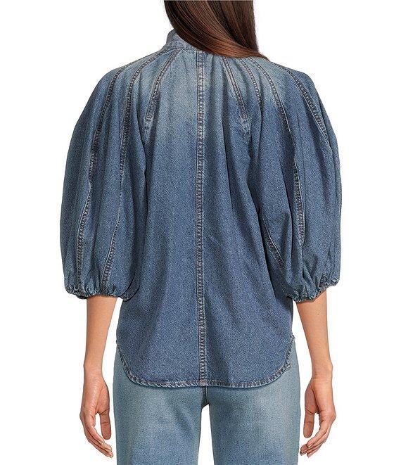 A Loves A Denim 3/4 Puffed Sleeve Pleated Shoulder Tie Neck Denim Top Product Image