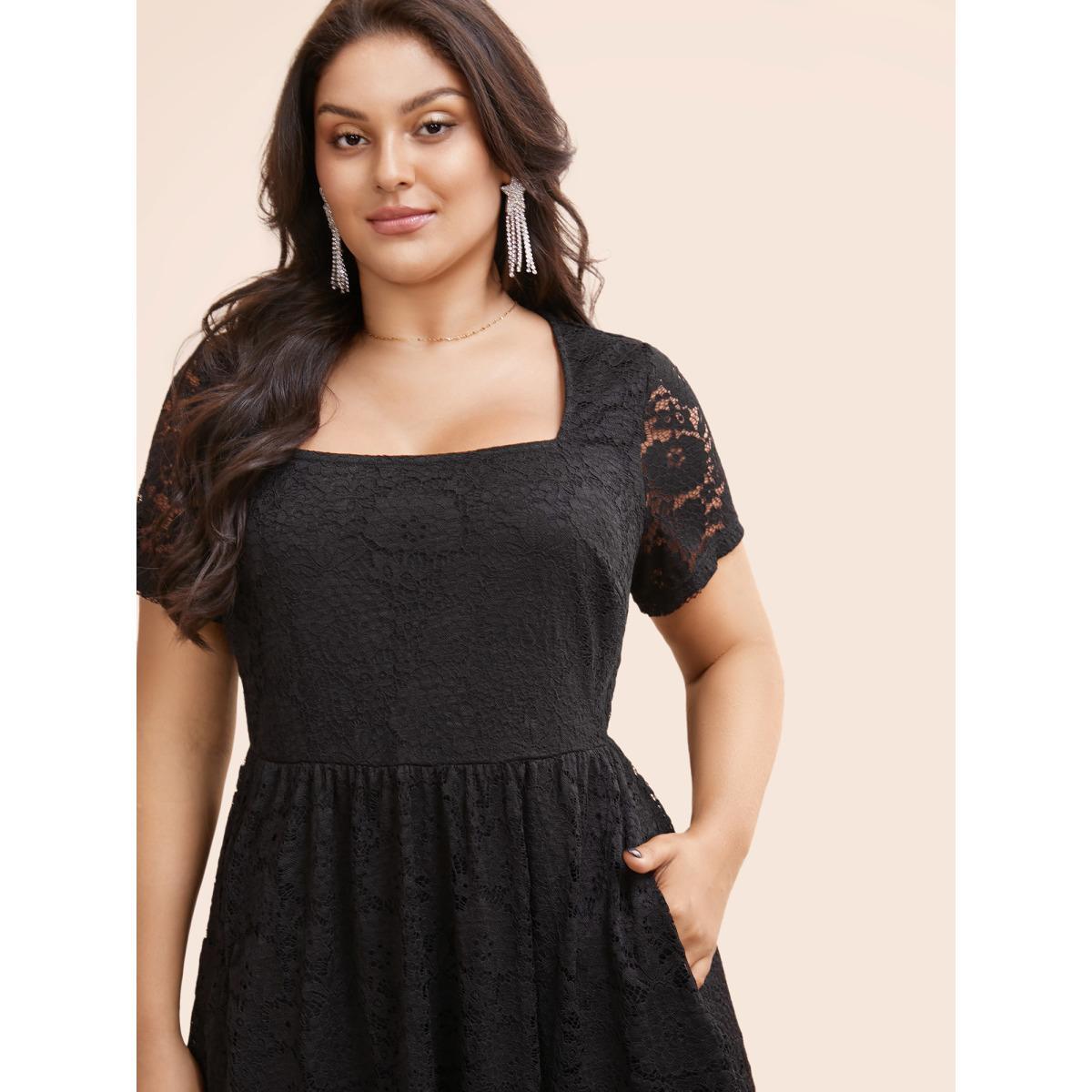 Plus Size Square Neck Lace Mesh Midi Dress Black Women Casual Woven ribbon&lace trim Square Neck Short sleeve Curvy BloomChic 12/L Product Image