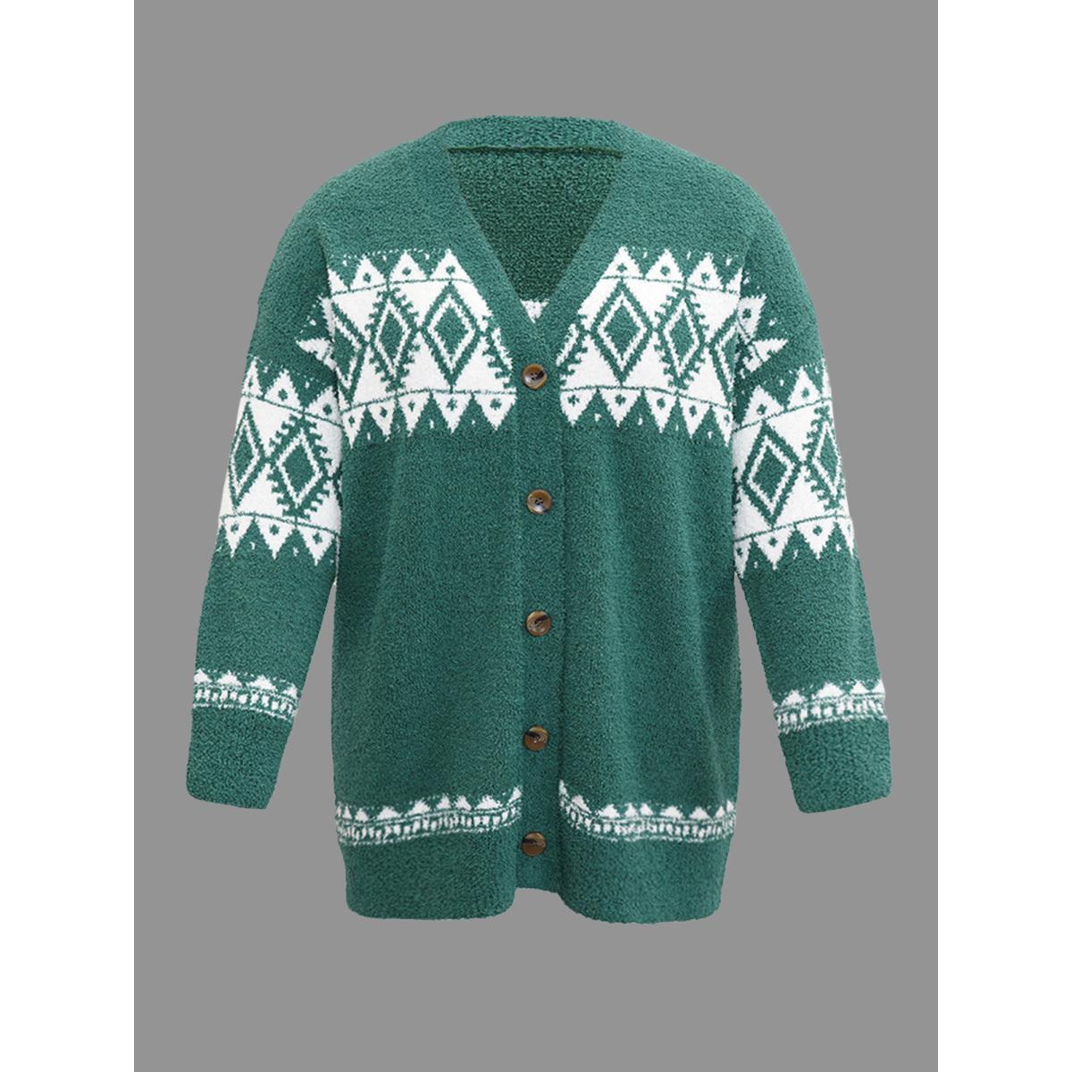 Plus Size Fuzzy Geo Graphic Button Fly Cardigan DarkGreen Women Casual Loose Long Sleeve Festival-Christmas Cardigans BloomChic 14-16/1X Product Image