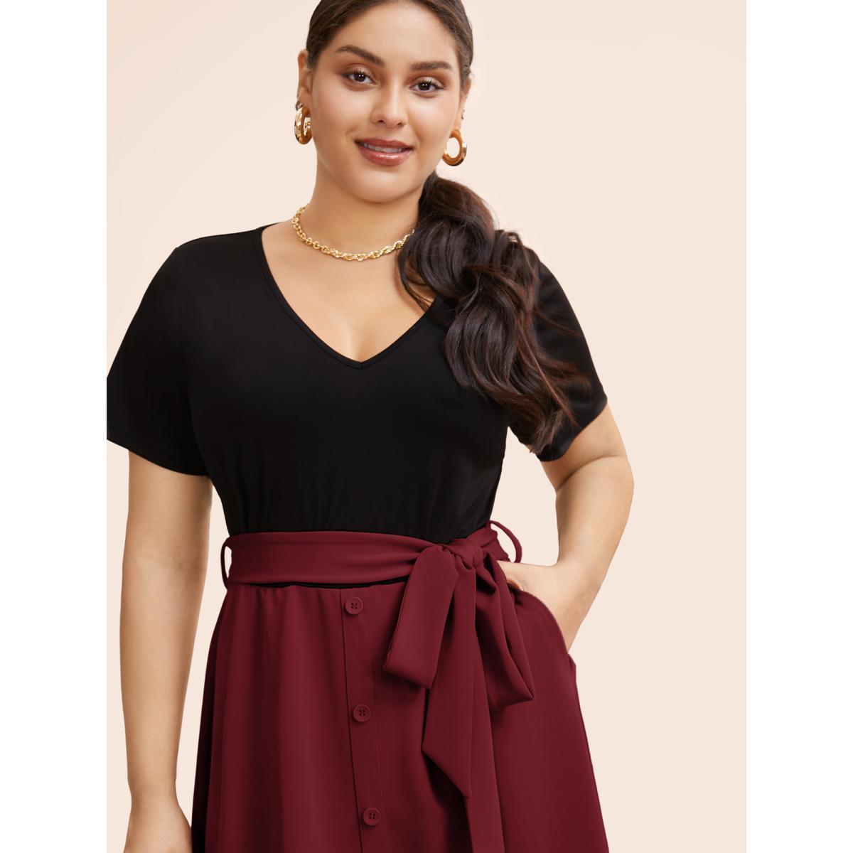 Plus Size Supersoft Essentials Two Tone Pocket Patchwork Belted Dress Burgundy Women Office Plain V-neck Short sleeve Curvy Midi Dress BloomChic 22-24/3X Product Image