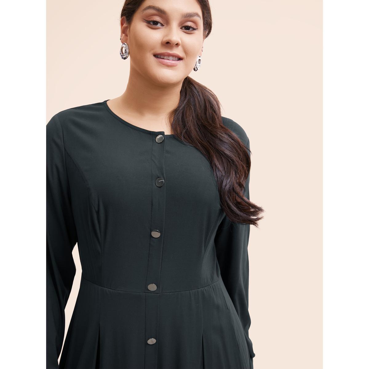 Plus Size Stretch Woven Button Pleated Midi Dress Black Women At the Office Pleated Round Neck Long Sleeve Curvy BloomChic 30/6X Product Image