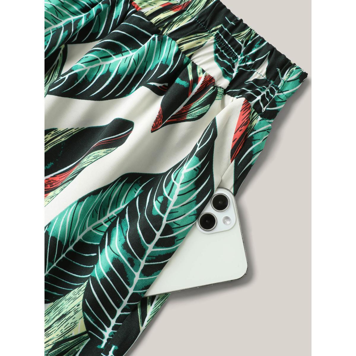 Plus Size Tropical Floral Pattern Tiered Midi Skirt Women Emerald Elegant Bodycon Low stretch Side seam pocket Belt Everyday Skirts BloomChic 28/5X Product Image