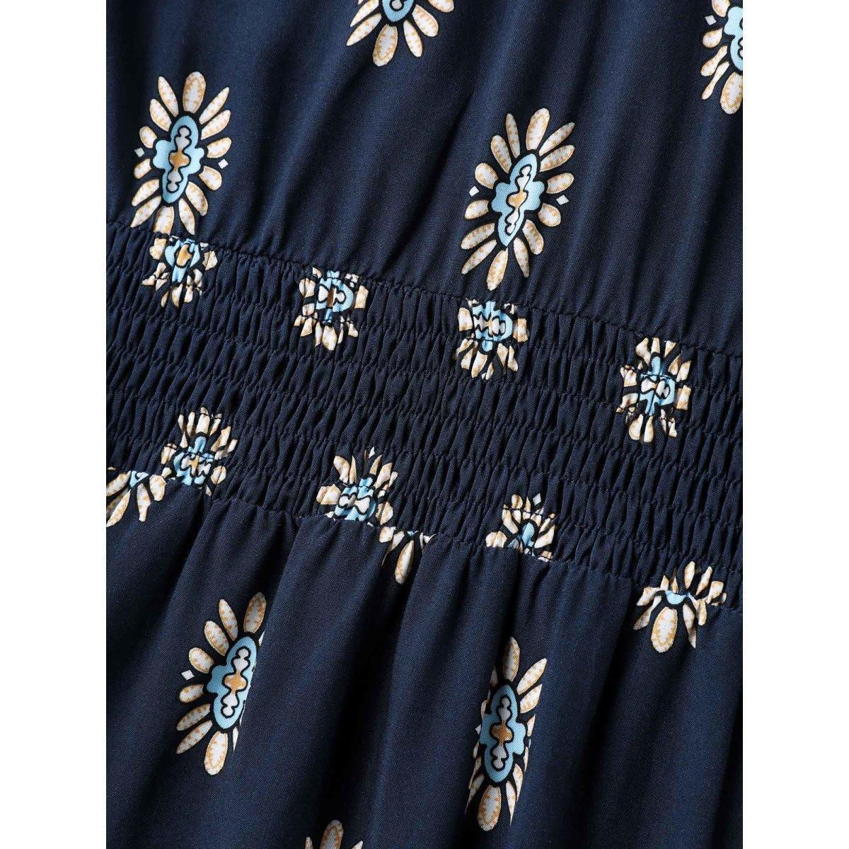 Plus Size Rayon Geometric Floral Print Shirred Midi Dress DarkBlue Women Notched collar Short sleeve Curvy BloomChic 10/M Product Image