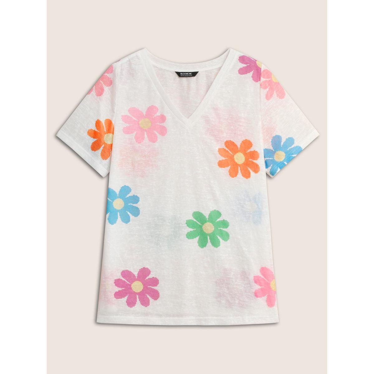 Plus Size Colored Floral V Neck See Through T-Shirt WhiteSmoke Women Casual See through Art&design V-neck Everyday T-shirts BloomChic 10/M Product Image
