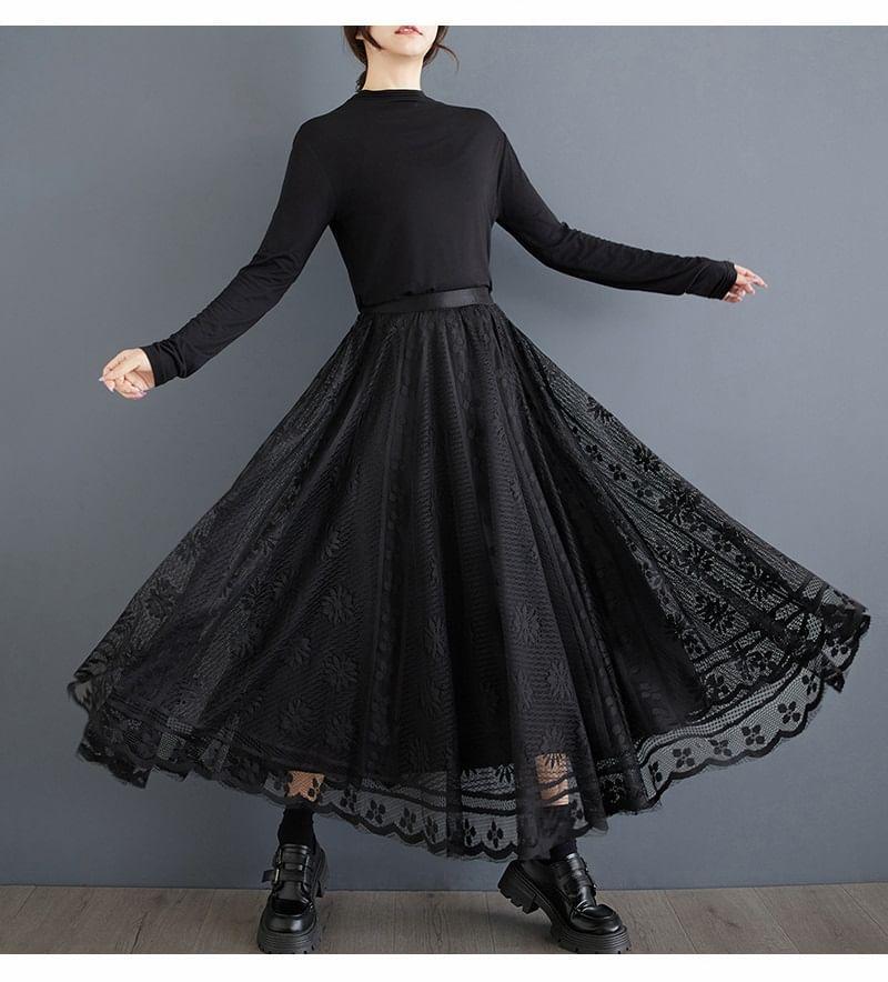 High Rise Lace Maxi A-Line Skirt Product Image
