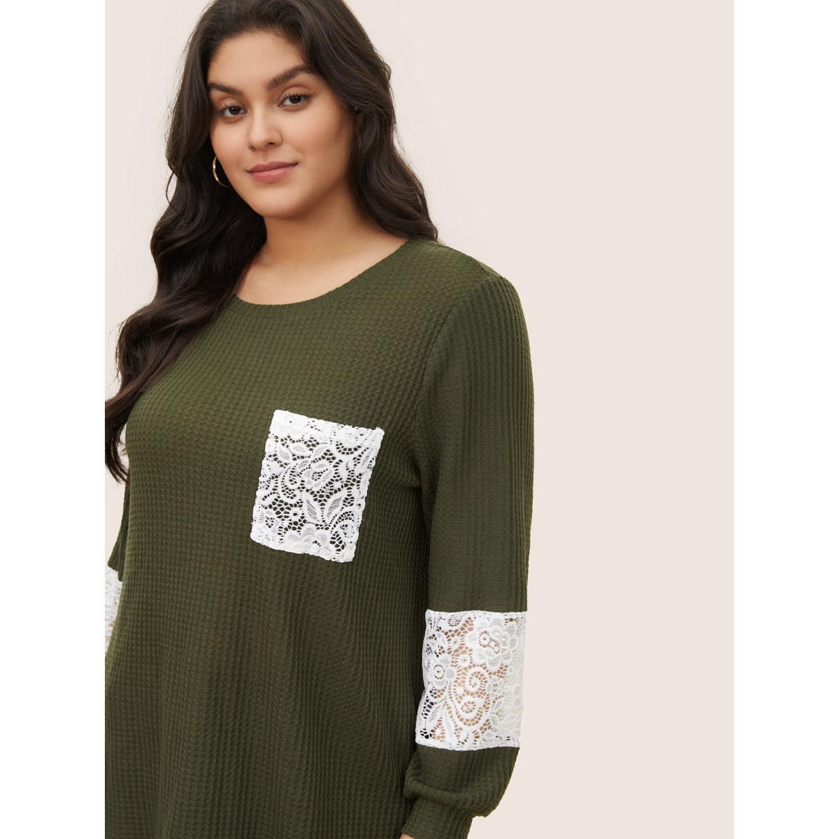 Plus Size Waffle Knit Contrast Lace Patchwork T-shirt ArmyGreen Women Elegant Contrast Plain Round Neck Everyday T-shirts BloomChic 10/M Product Image