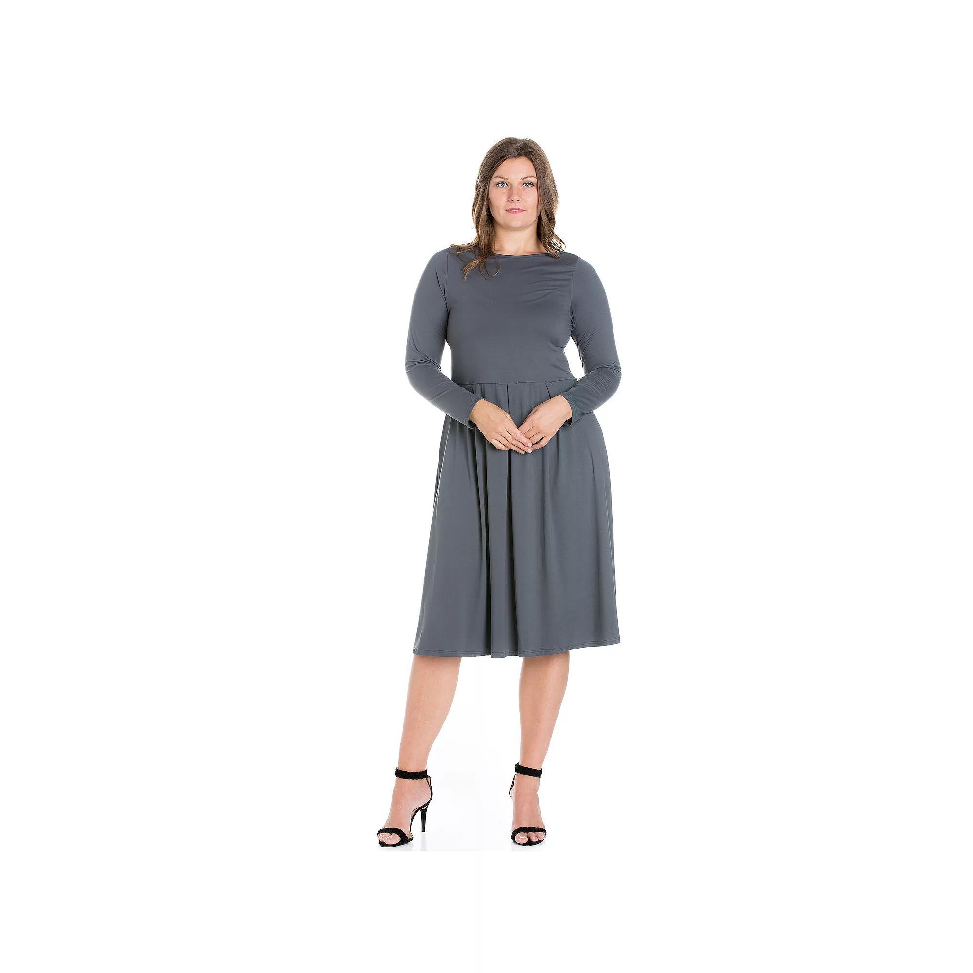 Plus Size 24seven Comfort Apparel Long Sleeve Fit and Flare Midi Dress, Women's, Size: 3XL, Gray Product Image