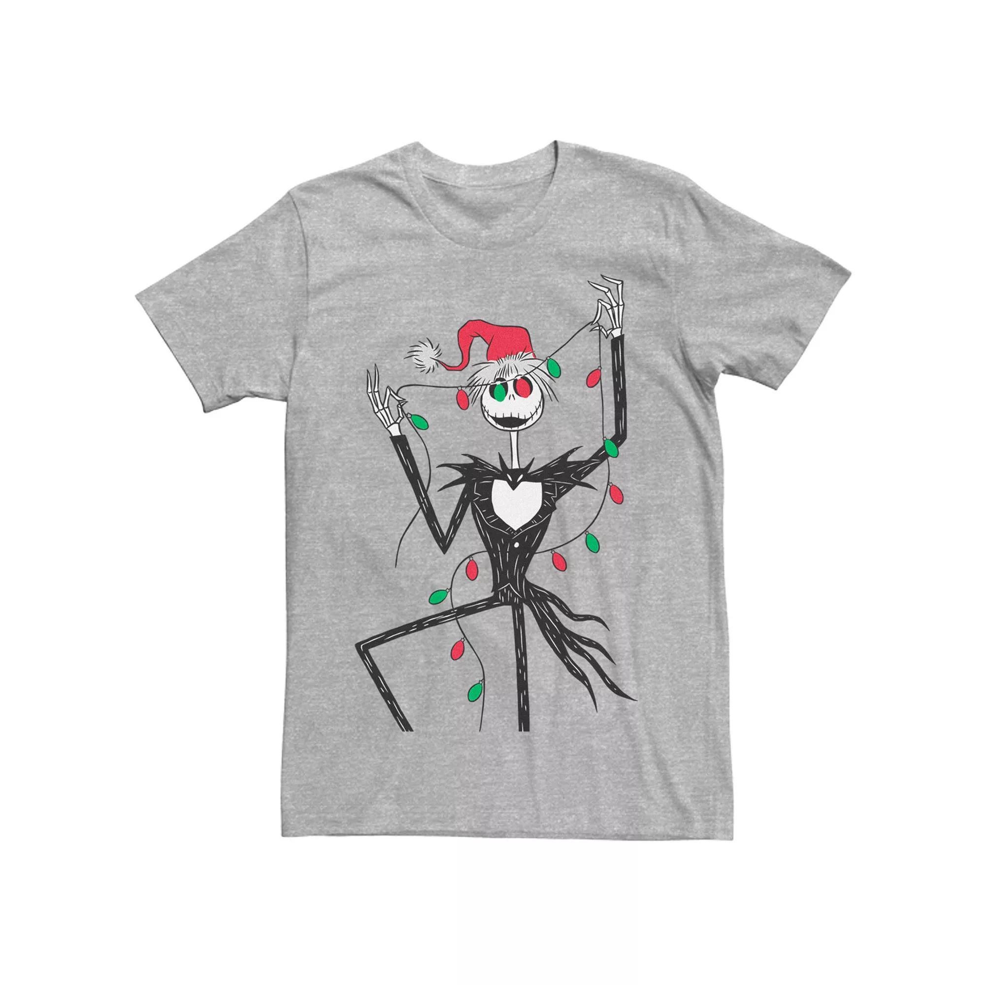 Men's Nightmare Before Christmas Jack Red And Green Christmas Lights Tee, Size: Medium, Athletic Grey Product Image