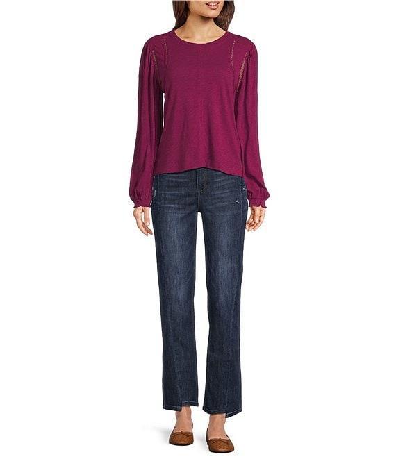 Democracy Petite Size Knit Crew Neck Long Sleeve Crochet Fagoting Detail Top Product Image