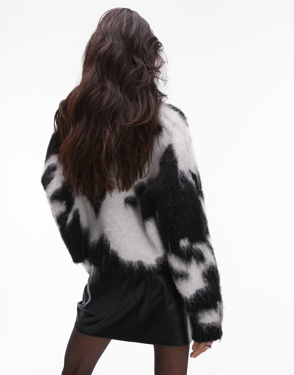 Topshop knitted ultra fluffy high v-neck sweater in cow print Product Image