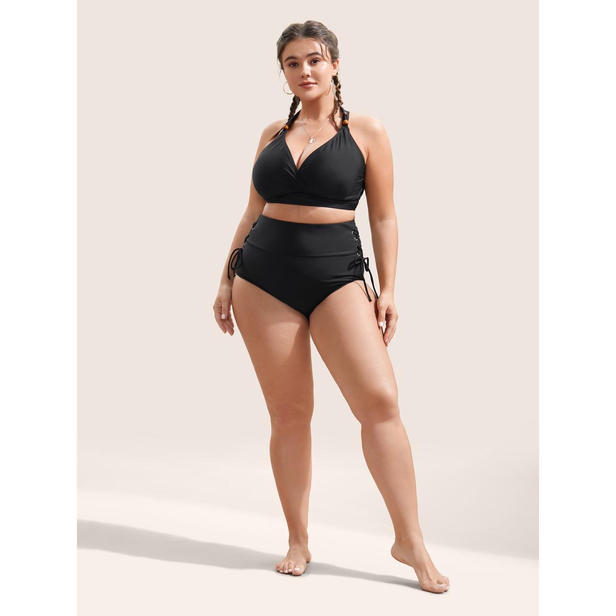 Plus Size Plain Lace Up Side Skinny Swim Bottom Women's Swimwear Black Beach Non High stretch Skinny High Rise Curve Swim Bottoms BloomChic 26/4X Product Image