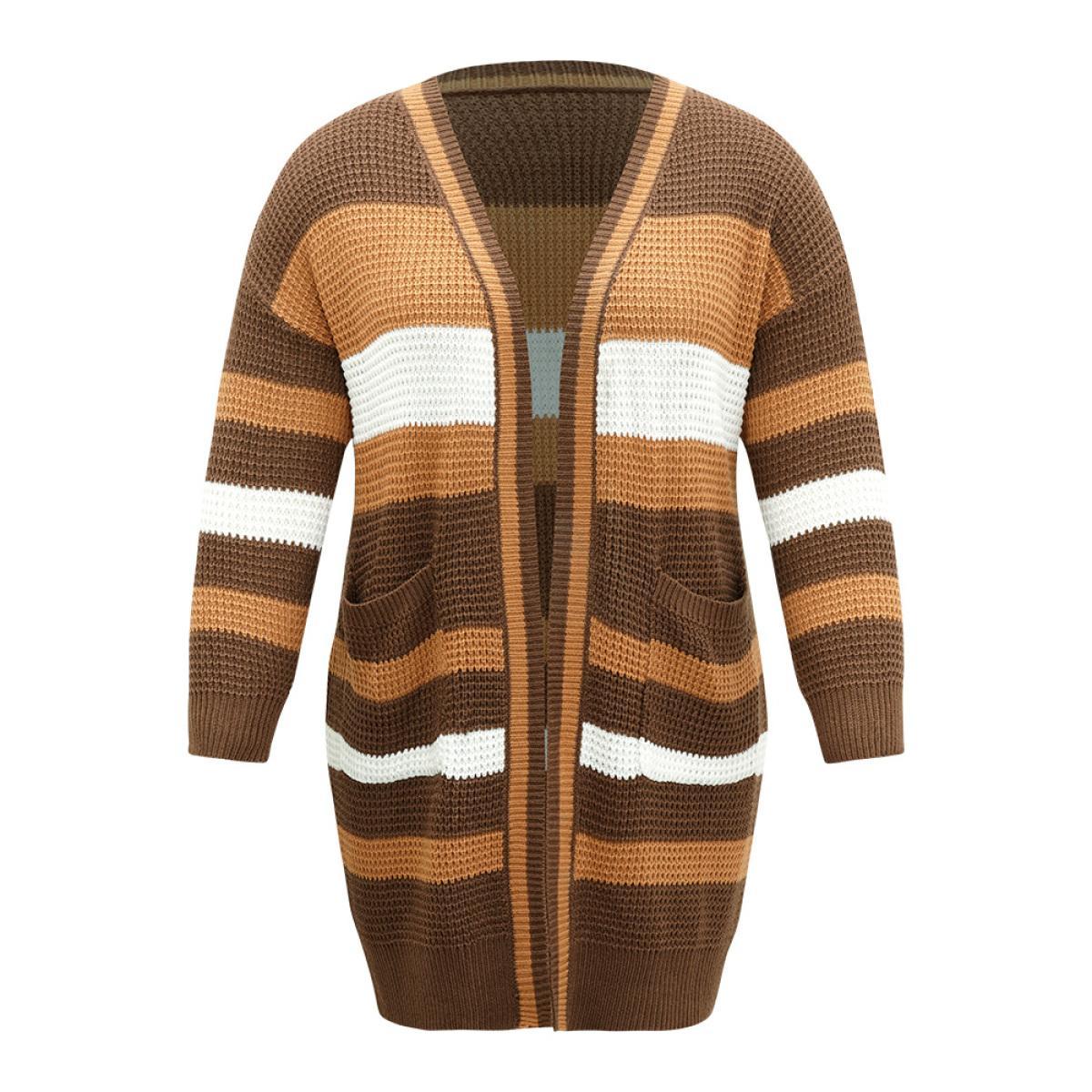 Plus Size Contrast Open Front Patched Pocket Tunic Cardigan Multicolor Women Casual Loose Long Sleeve Dailywear Cardigans BloomChic 30/6X Product Image