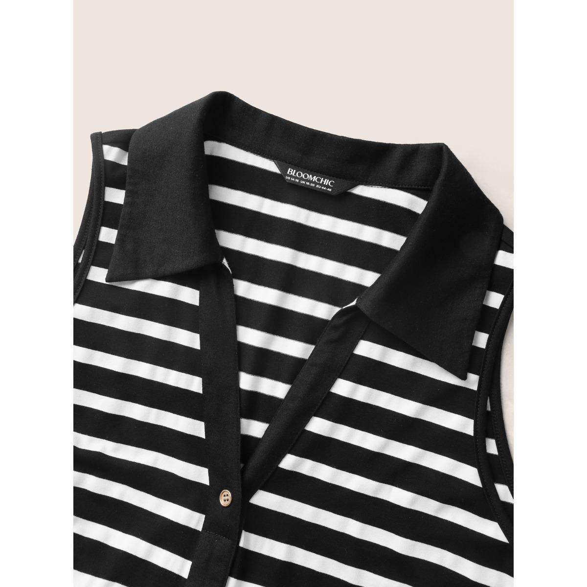 Plus Size Lapel Collar Striped Button Detail Midi Dress Black Women Work From Home Button Shirt collar Sleeveless Curvy BloomChic 26/4X Product Image