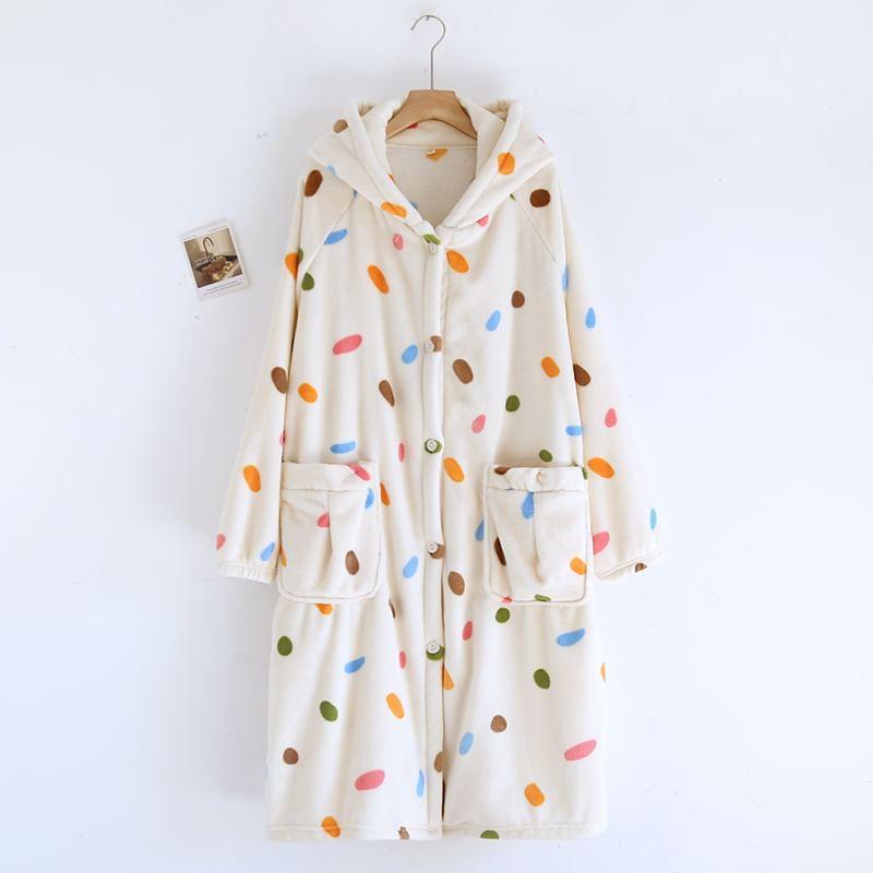 Print Hooded Fleece Button Robe Product Image