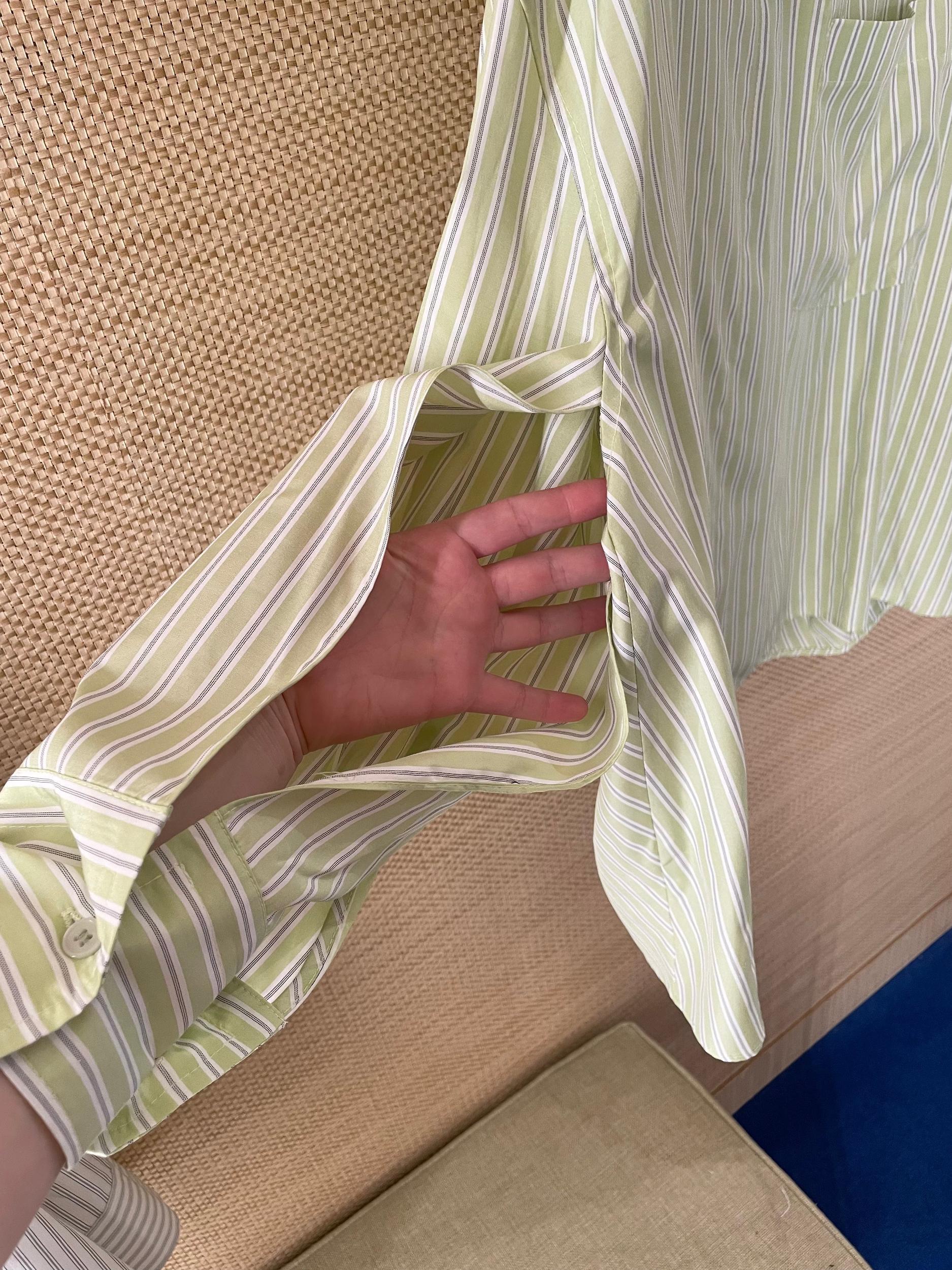 High Collar Button Down in Green Stripe Product Image
