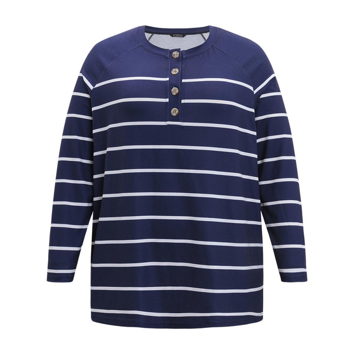 Plus Size Striped Button Up Crew Neck Raglan Sleeve T-shirt Blue Women Casual Button Striped Open Front Dailywear T-shirts BloomChic 26/4X Product Image