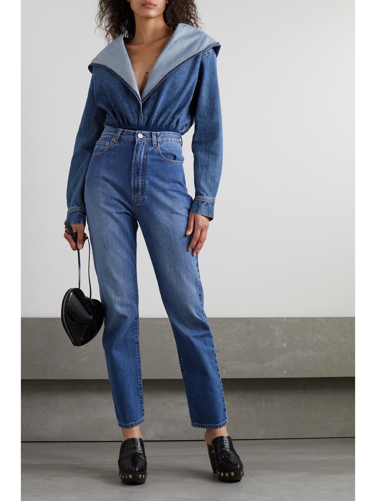 ALAÏA Hooded Denim And Stretch-knit Thong Bodysuit In Blue Product Image