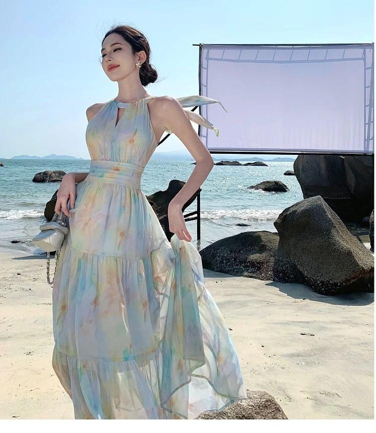 Halter Neck Sleeveless Tie Dye Midi A-Line Dress Product Image
