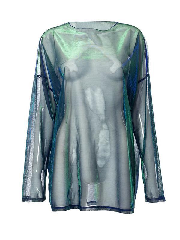Long Sleeves Loose Gauze See-Through Round-Neck T-Shirts Tops Product Image