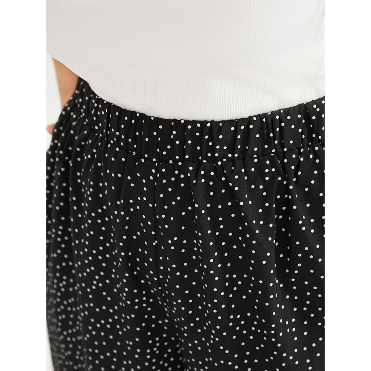 Plus Size Polka Dot Elastic Waist Split Hem Pants Women Black Elegant Mid Rise Dailywear Pants BloomChic 12/L Product Image