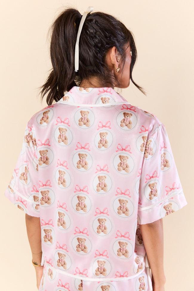 Snuggled Up Teddy Bear Printed Contrast Tie Detail Satin Short Sleeve Pajama Top Product Image