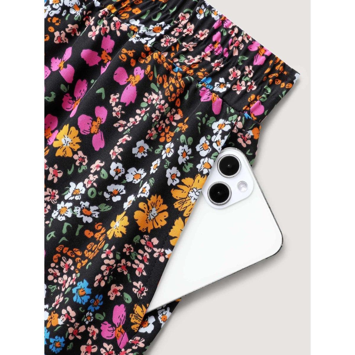 Plus Size Ditsy Floral Print Stretchy Waist Shorts Women BlackFlower Elegant Wide Leg Everyday-Elegant Shorts BloomChic 12/L Product Image