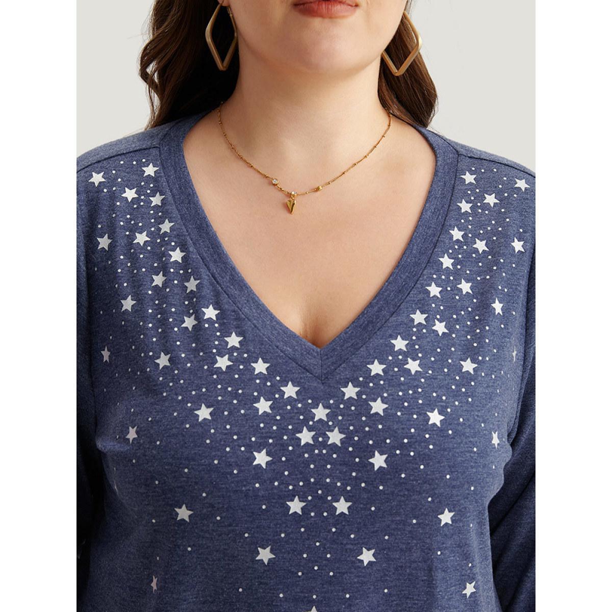 Plus Size Star Print V Neck T-shirt DarkBlue Women Casual Printed Star and moon V-neck Dailywear T-shirts BloomChic 22-24/3X Product Image