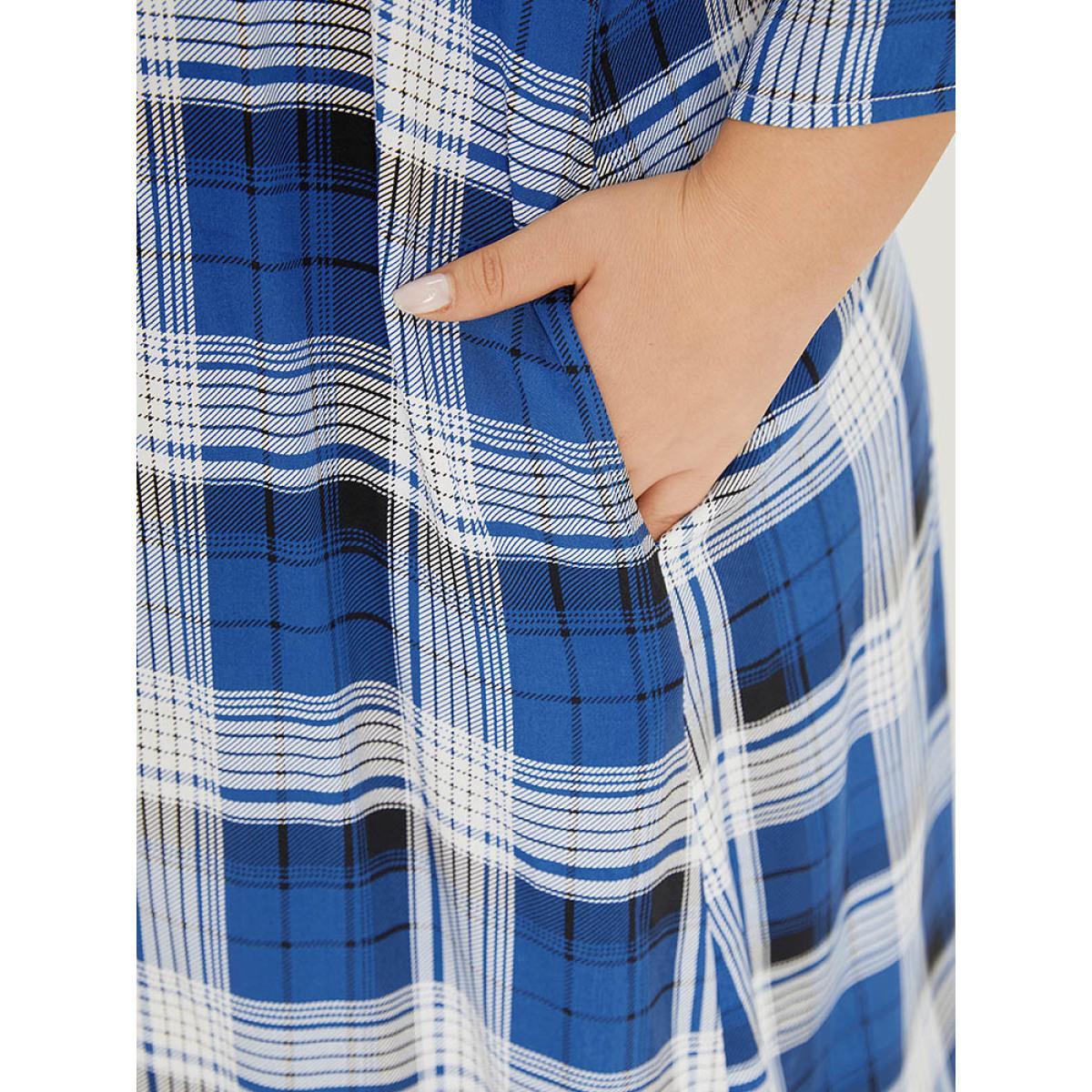 Plus Size Plaid Shirt Collar Pocket Button Through Kimono Women Indigo Casual Button Loose Pocket Dailywear Kimonos BloomChic 18-20/2X Product Image
