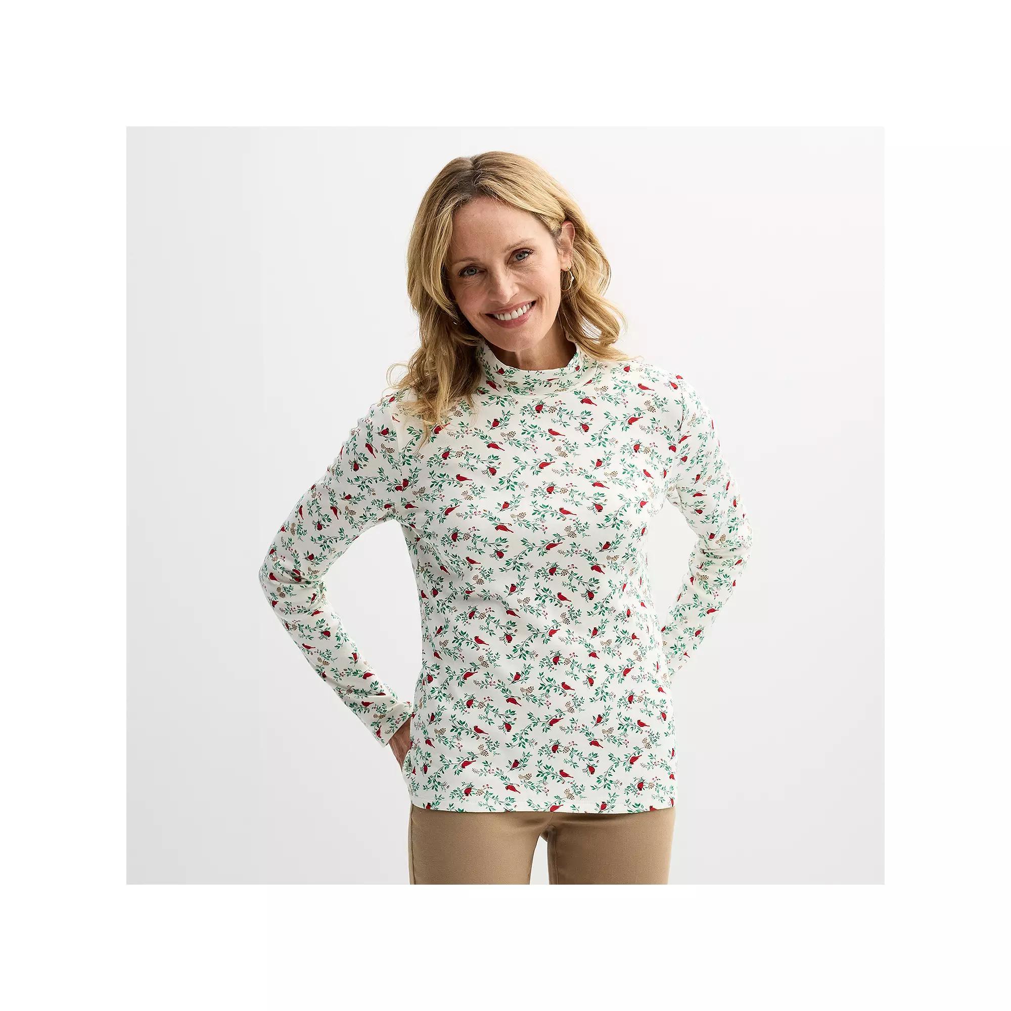 Women's Croft & Barrow® Essential Long-Sleeve Mockneck Top, Size: XXL, Ivory Nest Cardinals Product Image