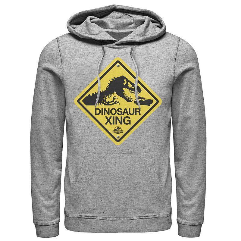 Men's Jurassic Park Dinosaur Crossing Yellow Sign Pullover Hoodie, Size: Small, Grey Heather Product Image