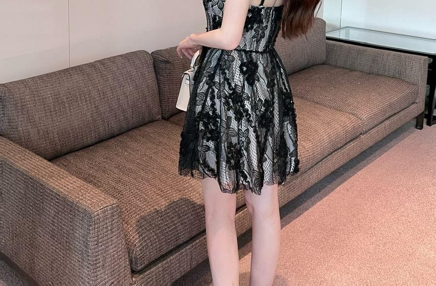 Spaghetti Strap Lace Overlay Mini A-Line Dress Product Image