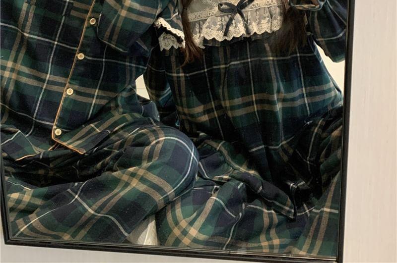 Couple Matching Long Sleeve Collared Plaid Pajama Shirt / V-Neck Bow Ruffle Panel Blouse / Straight Leg Pants / Set (Various Designs) Product Image