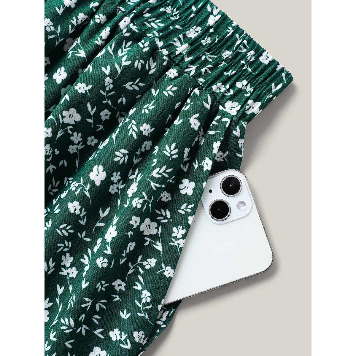 Plus Size Ditsy Floral Print Stretchy Flared Midi Skirt Women DarkGreen Elegant Low stretch Slanted pocket Everyday Skirts BloomChic 10/M Product Image