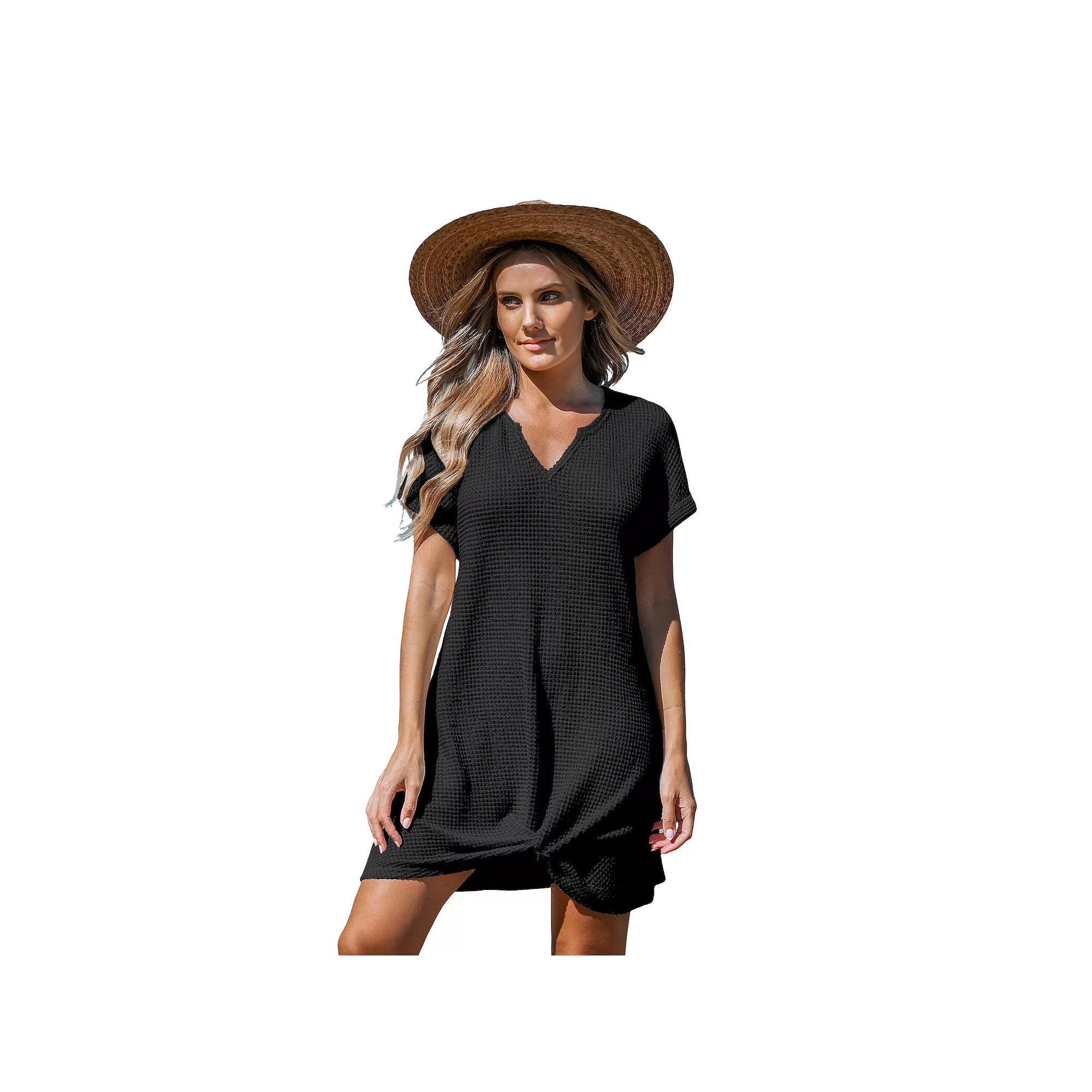 Women's Cupshe Waffle-Knit Short Sleeve Cover-Up Mini Dress, Size: XS, Black Product Image