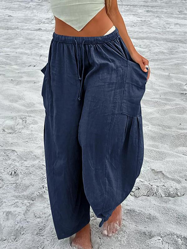 High Waisted Loose Drawstring Elasticity Pleated Pockets Solid Color Ninth Pants Trousers Product Image