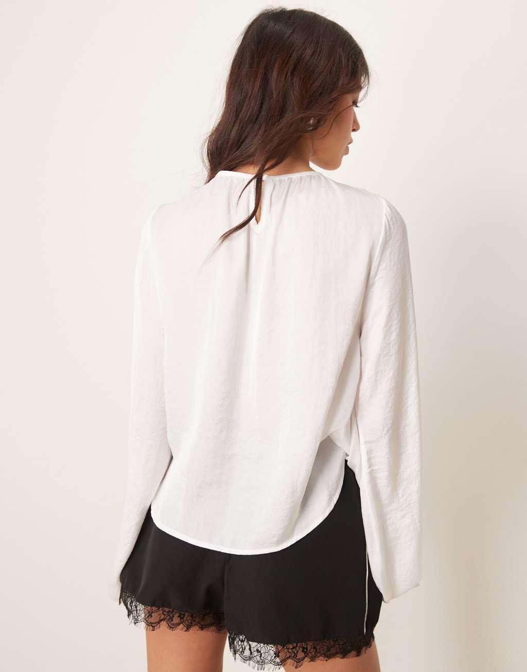 ASOS DESIGN satin volume sleeve blouse in ivory Product Image
