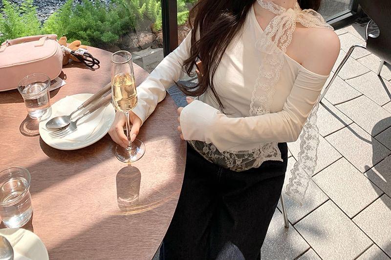 Long-Sleeve Asymmetrical Lace Crop Top Product Image
