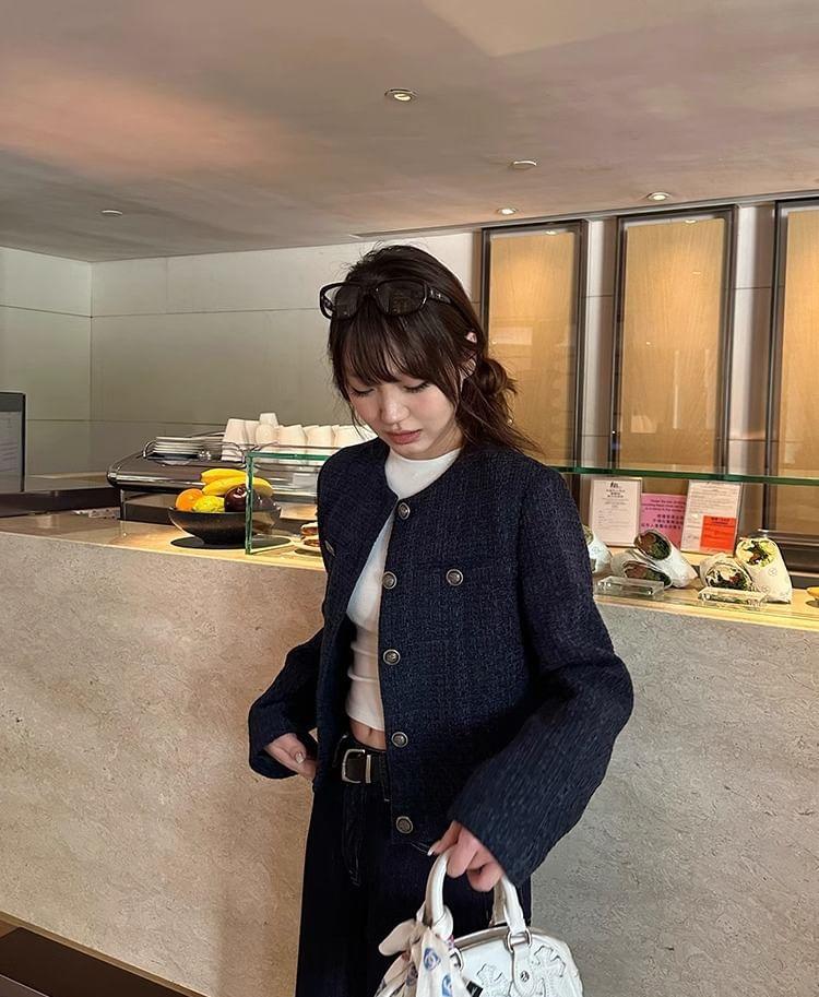 Round Neck Tweed Button Jacket Product Image