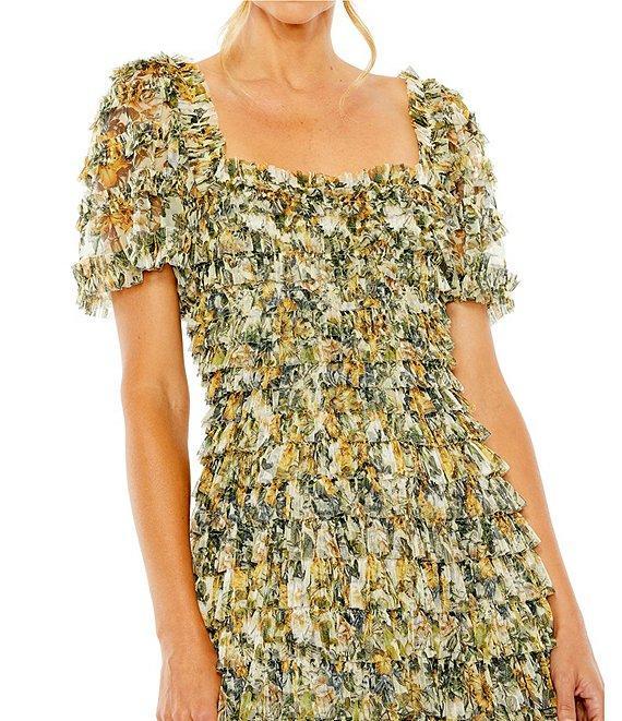 Mac Duggal Square Neck Short Sleeve Micro Ruffle Dress Product Image
