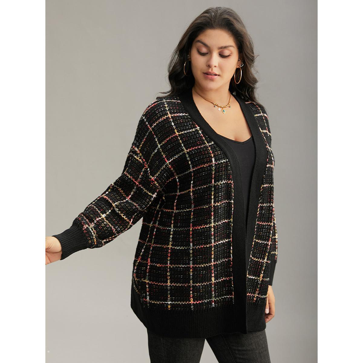 Plus Size Heather Plaid Elastic Cuffs Cardigan Multicolor Women Casual Loose Long Sleeve Festival-Christmas Cardigans BloomChic 18-20/2X Product Image