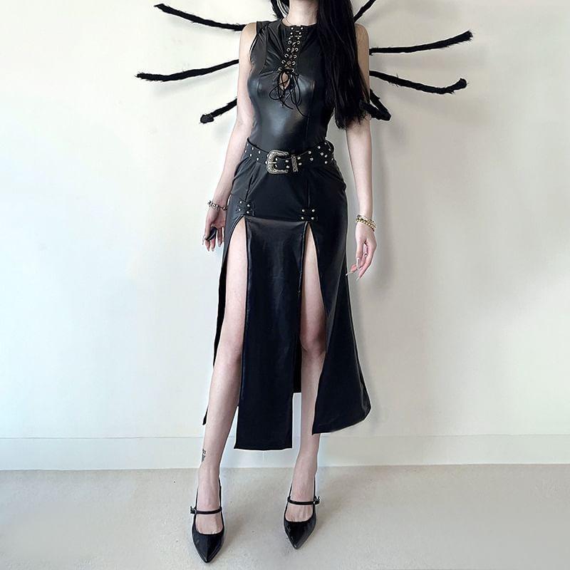 Sleeveless Slit Hem Cutout Midi A-Line Dress Product Image