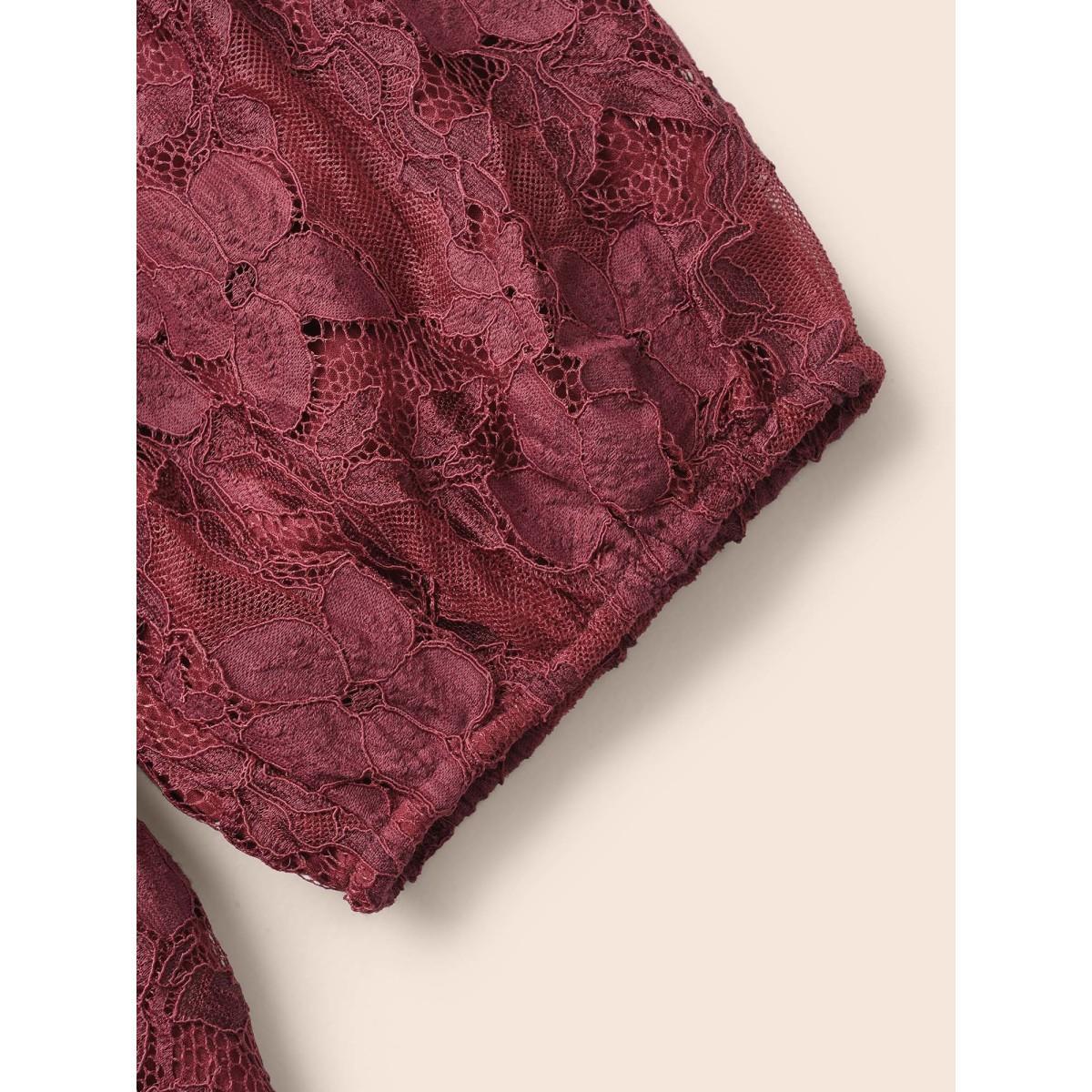 Plus Size Burgundy Square Neck Lace Panel Lantern Sleeve Blouse Women Elegant Elbow-length sleeve Square Neck Everyday Blouses BloomChic 10/M Product Image